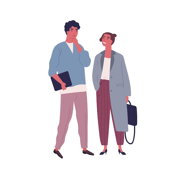 Ragazzo pensieroso e ragazza sorridente in abito elegante stanno insieme illustrazione piatta vettoriale. Gli uomini d'affari portano la valigetta e la cartella isolate su bianco. Imprenditori di coppia alla moda o impiegati.