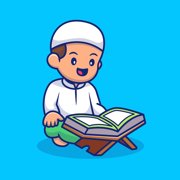 Ragazzo seduto e leggendo il Corano fumetto icona illustrazione persone Relgion icona concetto isolato. Stile cartone animato piatto