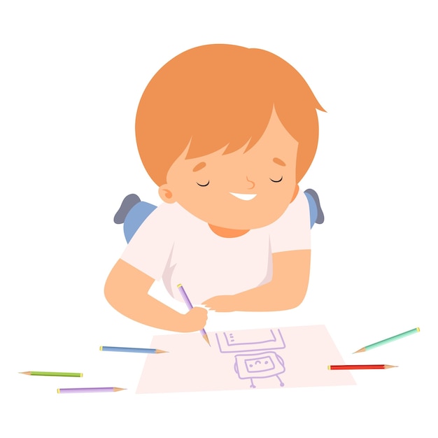 Ragazzo sorridente sdraiato sulla pancia e disegnando un disegno con matite colorate cartoon giovane artista carino carino