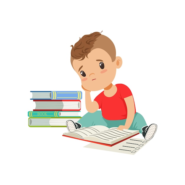 Ragazzo triste e stanco seduto sul pavimento con un grande mucchio di libri Vector Illustrazione isolata su uno sfondo bianco