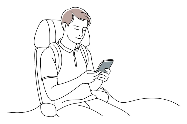 Ragazzo universitario che guarda video su smartphone sul treno che va a scuola scarabocchia line art continuo