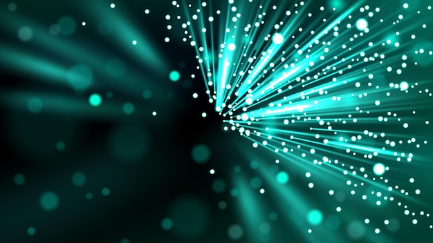 Raggi di luce turchesi sfocati con particelle volanti su sfondo scuro illustrazione vettoriale