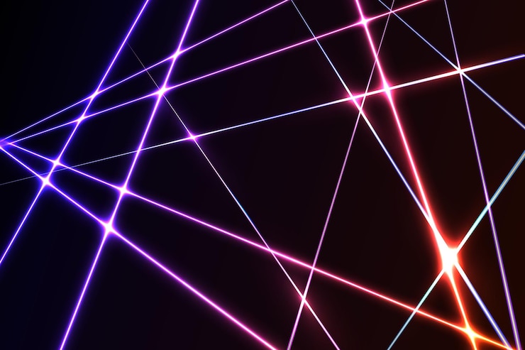 Vettore raggi di sicurezza laser luminosi che si intersecano su uno sfondo scuro il design artistico brilla di raggi di luce