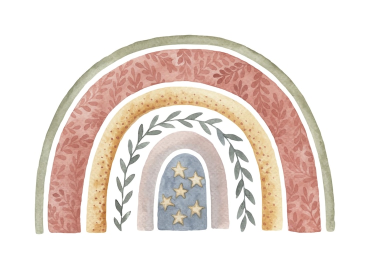 Vettore rainbow boho illustrazione vettoriale ad acquerello disegnata a mano arcobaleno floreale carino con stella e ramoscello