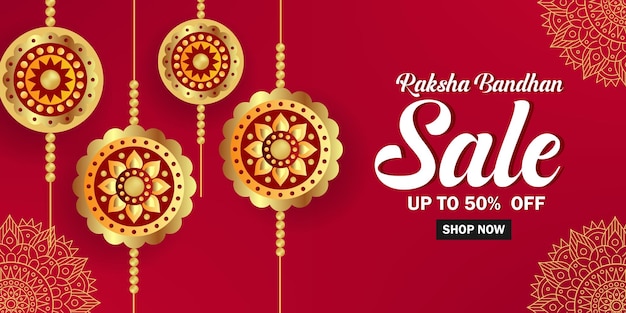Raksha Bandhan Sale Banner Design con offerta di sconto del 50%