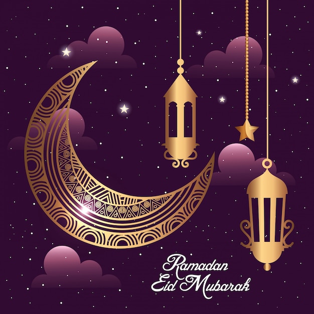 Ramadan eid mubarak con luna e lanterne dorate appese decorazione
