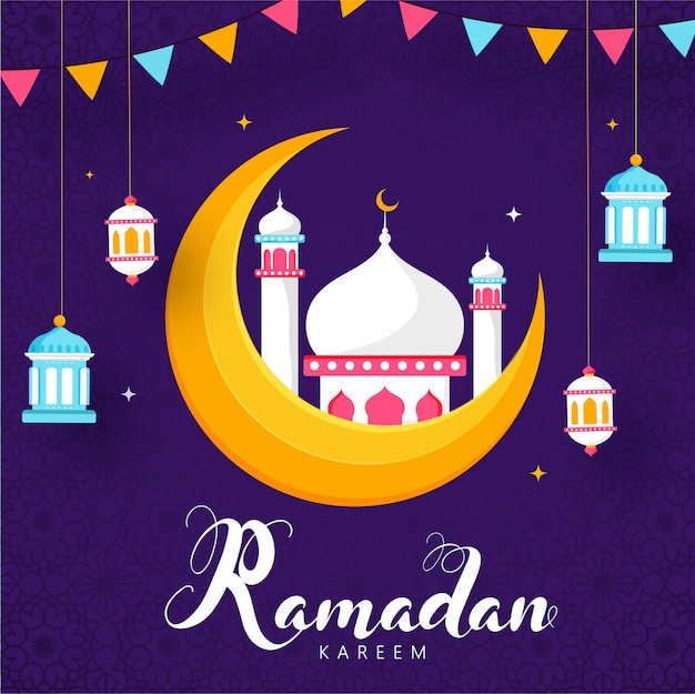 Ramadan Kareem Celebration Poster Design con Yellow Crescent Moon