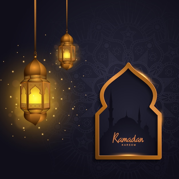 Ramadan Kareem con la moschea islamica della lanterna leggera