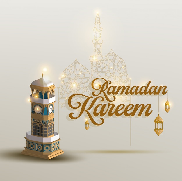 Ramadan Kareem design islamico mezzaluna e lanterna moschea con motivo arabo e calligrafia