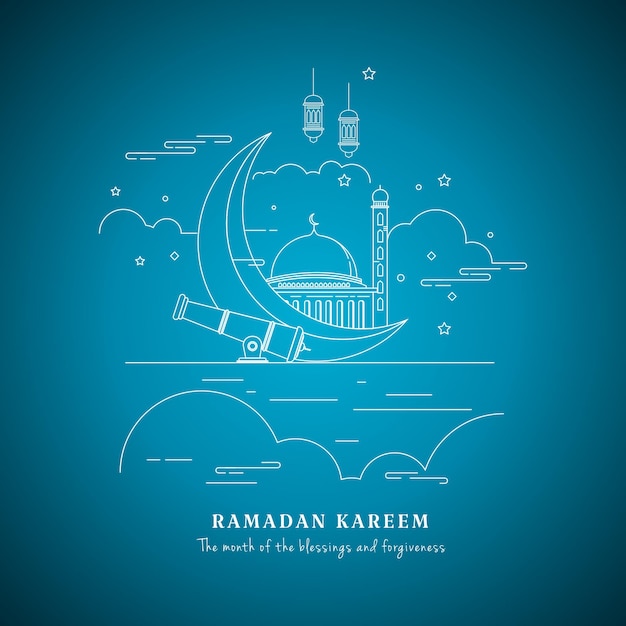 Ramadan Kareem in stile line art con sfondo blu
