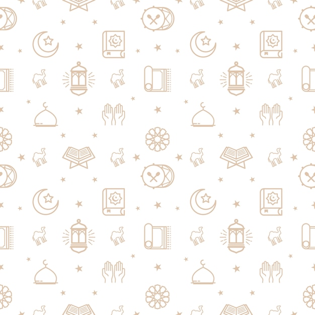 Ramadan Kareem Pattern, Eid Mubarak Background, Set di icone di linea.