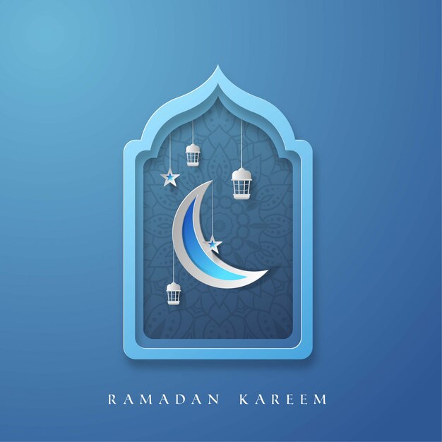 Ramadan Kareem sfondo con luna, stelle e latern illustrazione