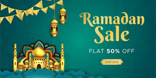 Ramadan kareem vendita banner web design intestazione con appeso modello di lanterne intricate