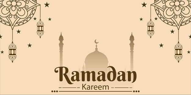 Ramadan Kareem Wishing Design con colore di sfondo Peach Puff e file vettoriali di lampade e stelle