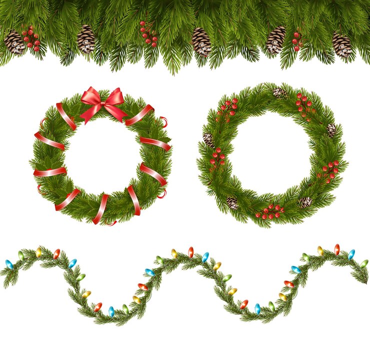 Vettore rami dell'albero di natale e ghirlanda con lampadine colorate a forma di linea ondulata ghirlanda decorativa trasparente ghirlanda natalizia con nastri e pini vecto