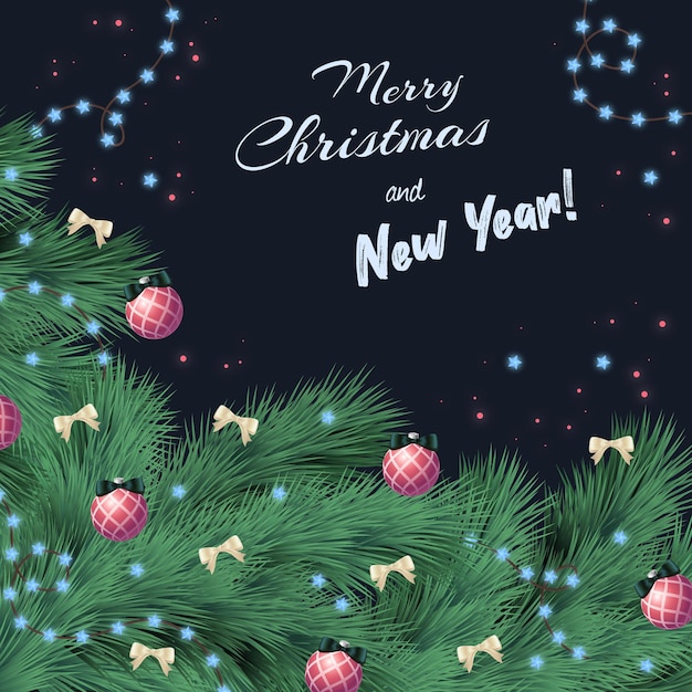 Rami di Natale con palle e ghirlande festive, auguri di buon anno e buon Natale su uno sfondo scuro - Vector