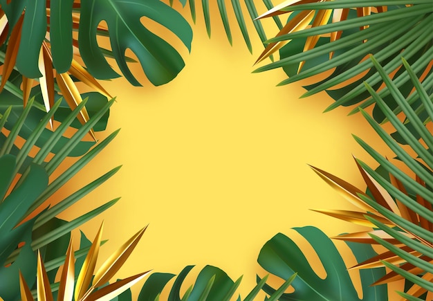 rami di palma realistici. foglie e rami di palme. sfondo di foglie tropicali. fogliame verde, disegno di foglie tropicali. cornice gialla intorno allo spazio vuoto per il testo, posa piana, vista dall'alto. vettore