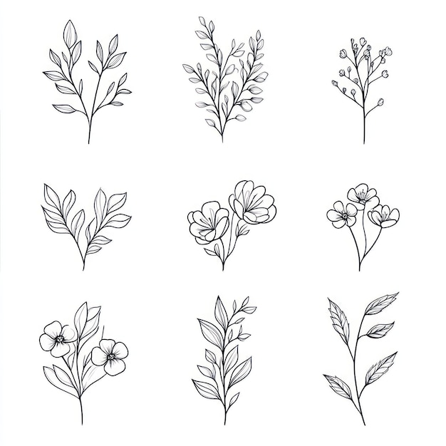 rami floreali fiori minimalisti per logo o decorazioni linea disegnata a mano erba nuziale elegante