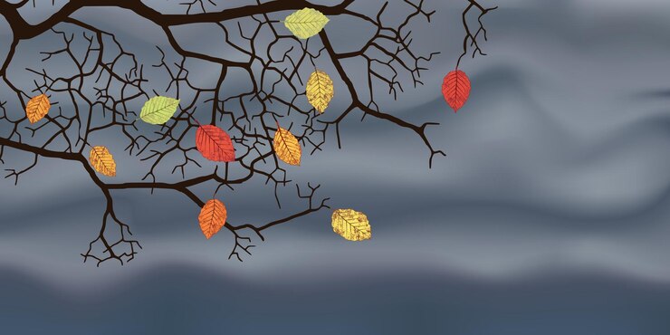 Vettore ramo di illustrazione vettoriale autunno con foglie contro un cielo drammatico