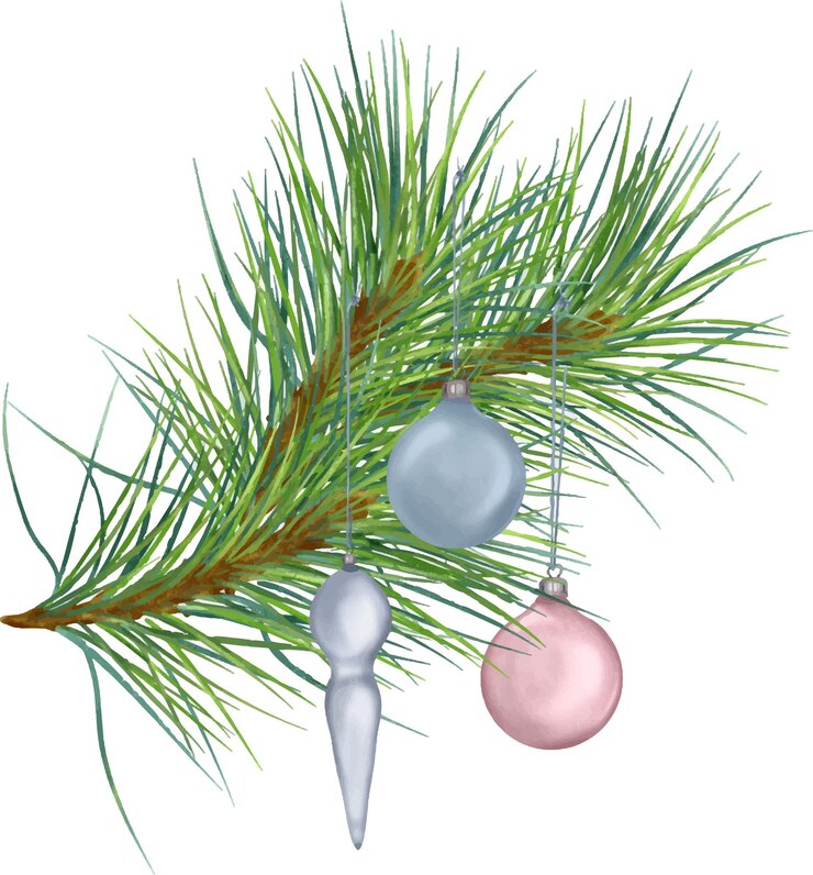 Vettore ramo di pino con palle di natale illustrazione digitale in stile acquerello isolato su bianco cedro