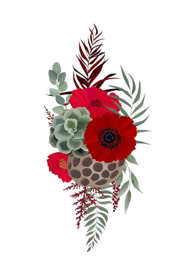 Vettore ramo floreale. anemoni, rosa rosa, foglie verdi.