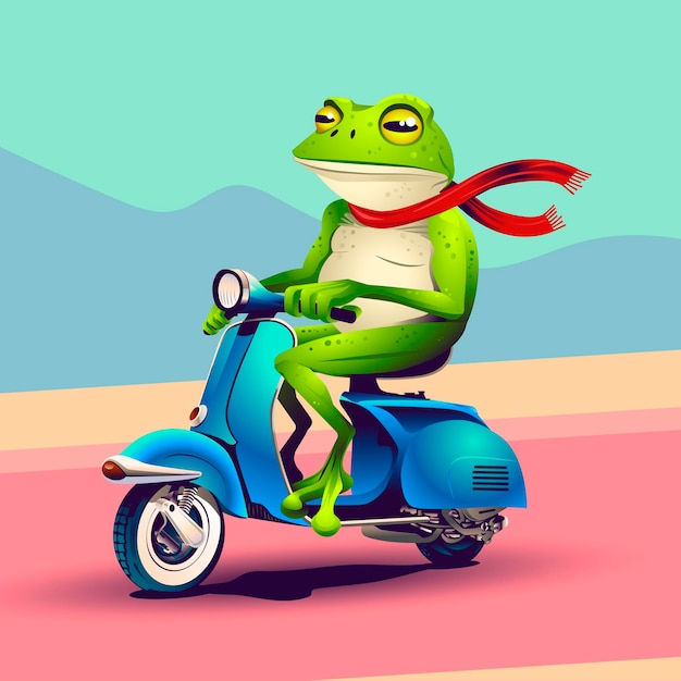 Rana su uno scooter blu Illustrazione vettoriale comico cartoon carino