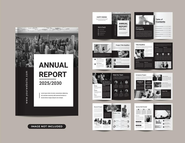 Rapporto annuale nero layout del modello di brochure multipagina con copertina Vettore Premium