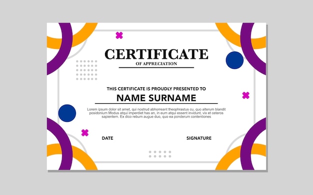 Rappresenta un modello di certificato con elementi di design viola, arancione e blu