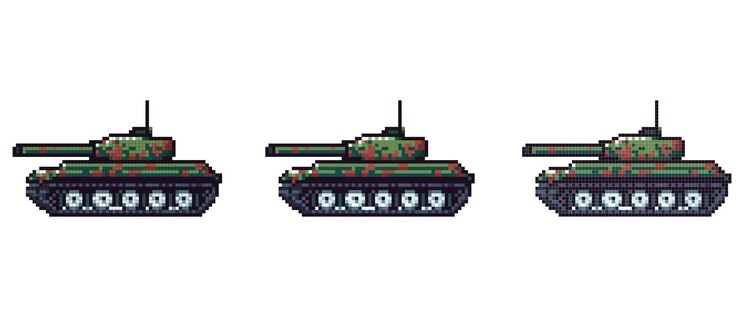Rappresentazione pixel art di un carro armato di camuffamento verde con un grande cannone e marciapiedi dettagliati