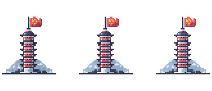 Rappresentazione pixel art di una pagoda tradizionale asiatica con accenti rossi e bandiera in cima