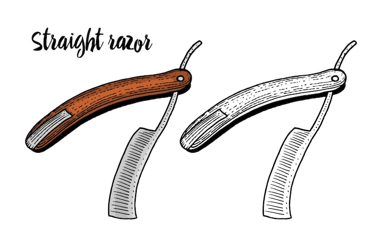 Vettore rasoio dritto per barbiere da barba per uomini o hipster moda capelli e barba incisi disegnati a mano nel vecchio schizzo vintage