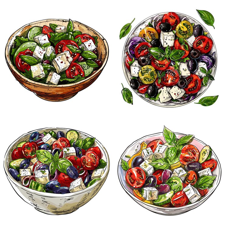 Vettore raster di incisione a colori set illustrativo di insalata greca isolata su sfondo bianco
