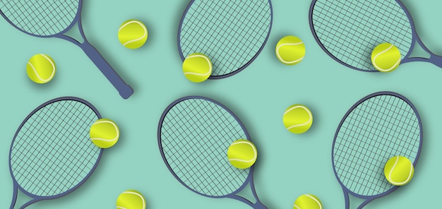 Razza da tennis e palla banner orizzontale su sfondo verde concetto di gioco di tennis classico