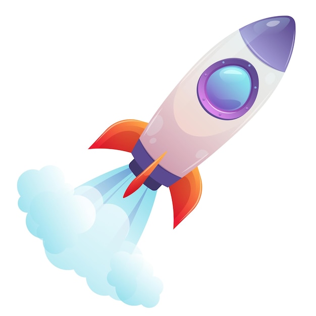 Razzo a cartoni animati su sfondo bianco Illustrazione vettoriale per bambini sul tema dell'astronautica spaziale Avventure galattiche