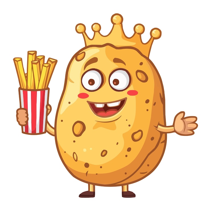 Vettore re felice dei cartoni animati personaggio di patate animato con una tazza di patatine fritte