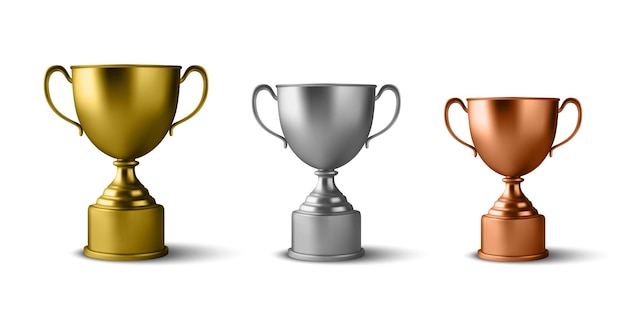 Realistic Vector 3d Blank Golden Silver Bronze Champion Cup Icon Set Closeup Isolato su White Design Template of Championship Trophy Sport Tournament Award Winner Cup e Victory Concept