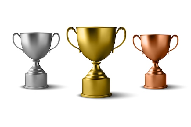 Realistic Vector 3d Blank Golden Silver Bronze Champion Cup Icon Set Closeup Isolato su White Design Template of Championship Trophy Sport Tournament Award Winner Cup e Victory Concept