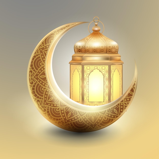 Realistica luna crescente del Ramadan e lanterna dorata