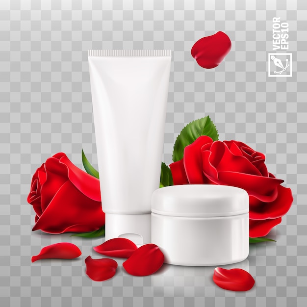 Realistico 3d isolato del barattolo e del tubo con crema cosmetica, i fiori ed i petali di rosa rossa