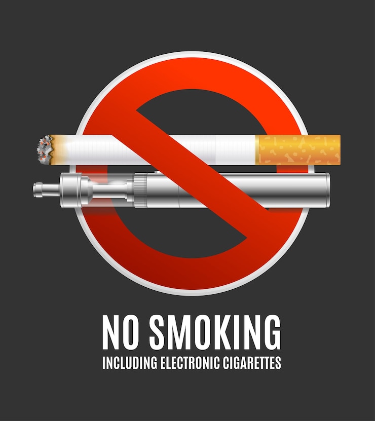 Vettore realistico 3d no smoking no vaping concept prohibit sign con dispositivo elettronico per il vapore delle sigarette