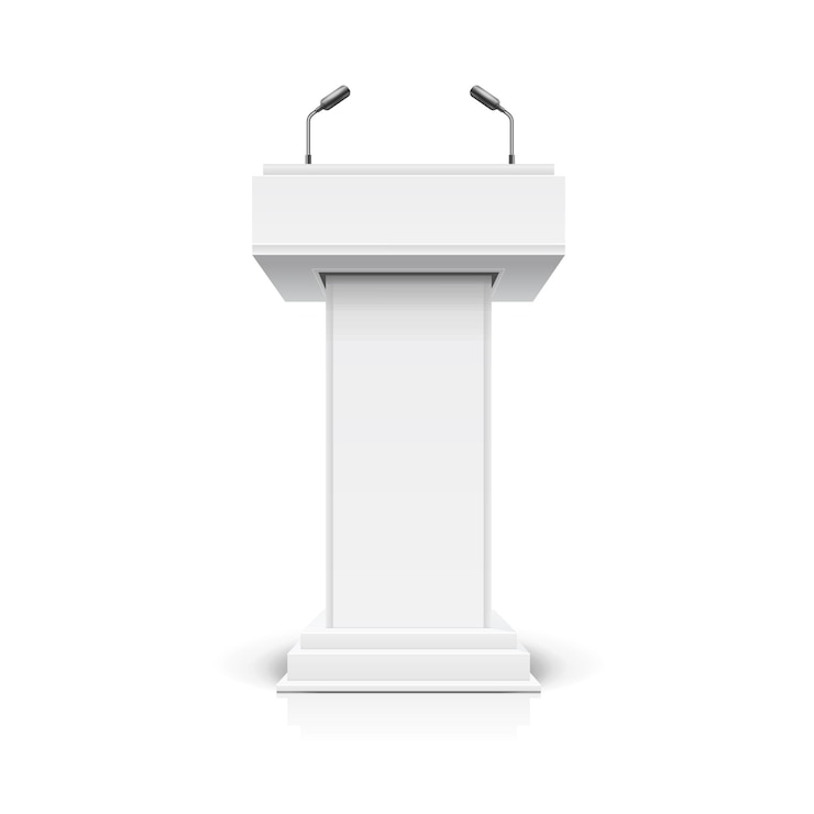 Vettore realistico dettagliato 3d bianco vuoto podium tribune dibattito o stage stand modello mockup vettore