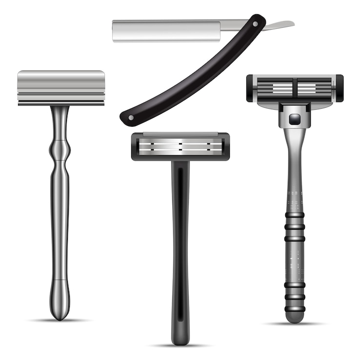 Vettore realistico dettagliato 3d femminile raso da rasare mockup set strumento per depilazione illustrazione vettoriale di accessori personali per donne