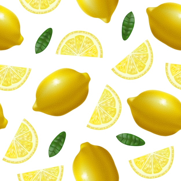 Realistico dettagliato 3d frutta fresca intero limone giallo con foglie verdi e fette sfondo senza cuciture su un vettore bianco illustrazione di agrumi maturi