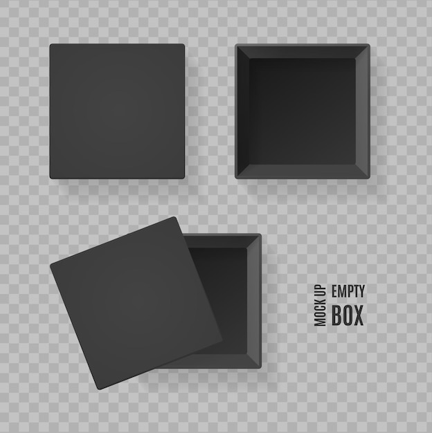 Realistico dettagliato 3d vuoto nero presente scatola modello vuoto Mockup impostato su un'illustrazione vettoriale di sfondo trasparente