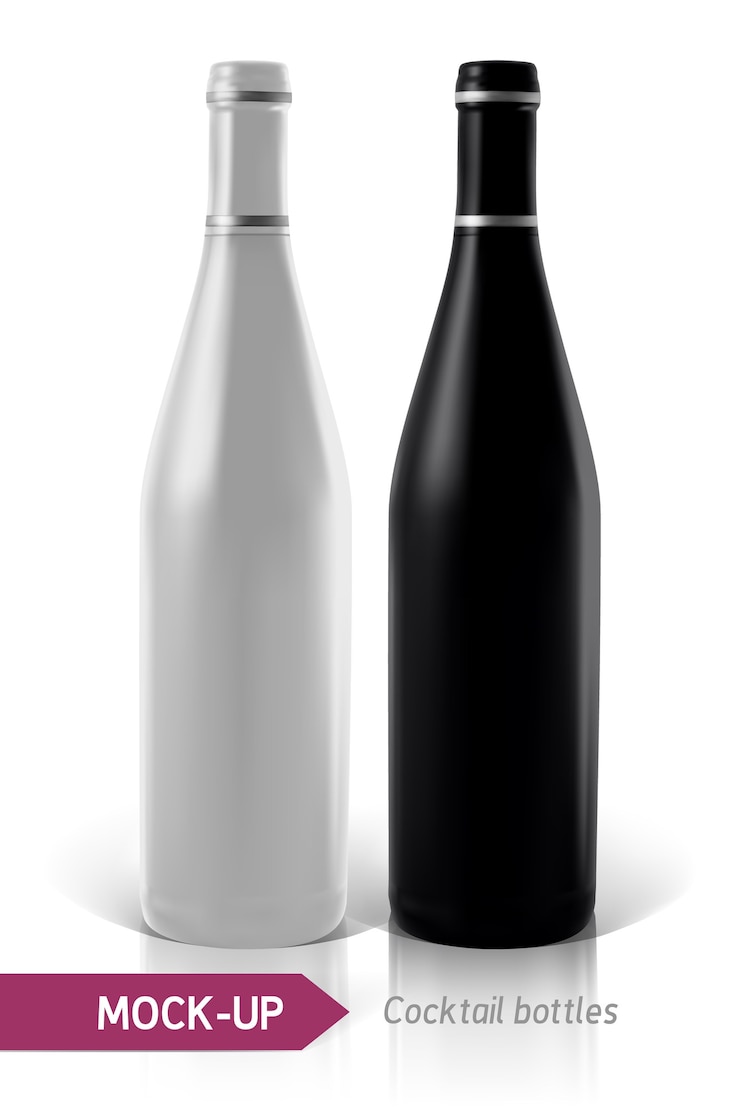 Vettore realistico di bottiglie di cocktail su sfondo bianco con riflesso e ombra