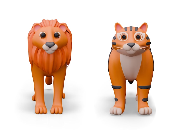 Vettore realistico leone e tigre vista anteriore predatori animali vettoriali su sfondo bianco