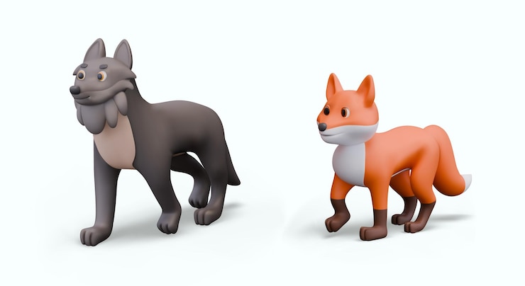 Vettore realistico lupo e volpe che camminano set di modelli di colori vettoriali di animali selvatici