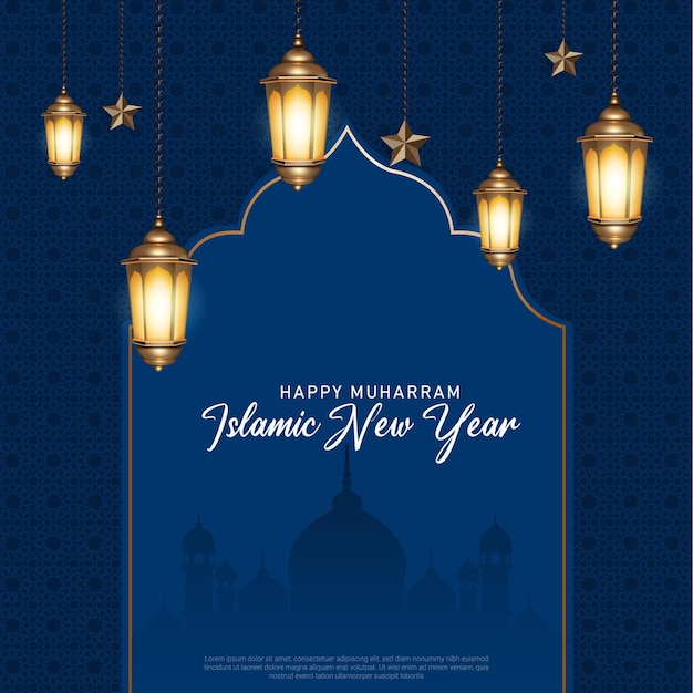 Realistico modello di striscione di illustrazione per il Capodanno islamico con ornamenti islamici