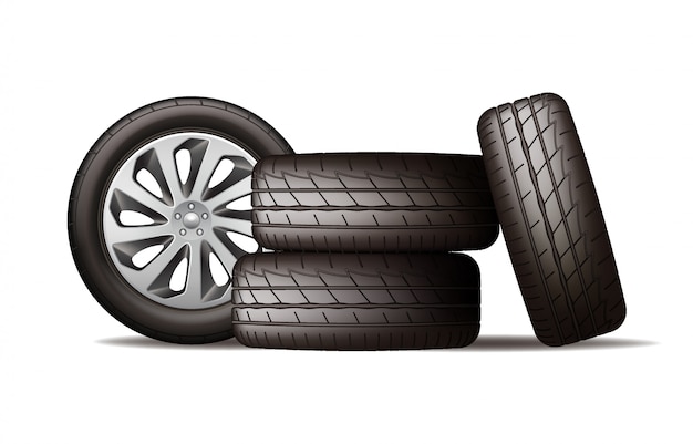 Realistico nuovo stack di ruote auto nere, quattro pneumatici