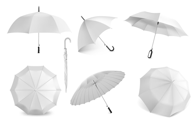 Realistico ombrello bianco modello di ombrello per il marchio Vista da diverse angolazioni su baldacchino solare impermeabile aperto e chiuso tenda piegata 3D con manico di canna set di accessori di protezione dalla pioggia vettoriale